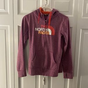 Purple and pink North face zip up hoodie